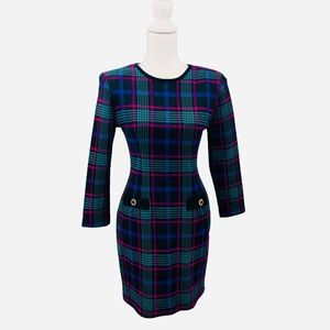 Vintage 80s Ms Choice California Plaid Bodycon Dress 4 Bright Multicolor USA